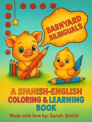 Pig holding a crayon and a chick with a crayon, representing bilingual preschool activities.