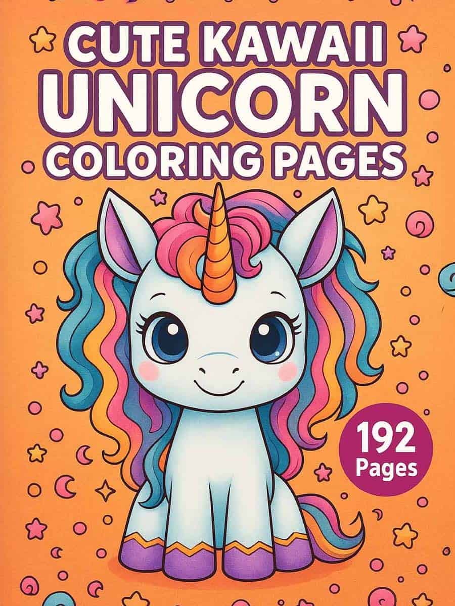 Cute kawaii unicorn coloring pages with vibrant rainbow mane and horn, perfect for preschool kids.