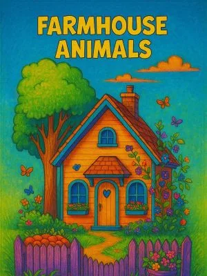 Farming animals in a colorful farmhouse setting for preschool learning and activities.