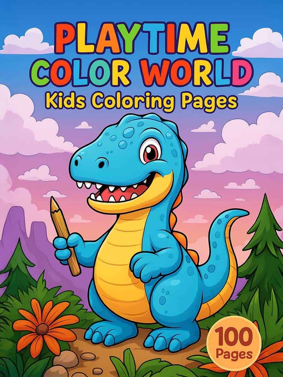 Colorful cartoon dinosaur holding a pencil in a vibrant landscape, perfect for kids' educational coloring pages.