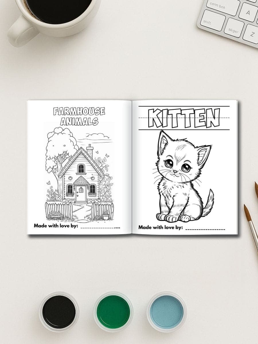 Coloring book pages featuring farmhouse animals and a cute kitten, perfect for preschool learning activities.