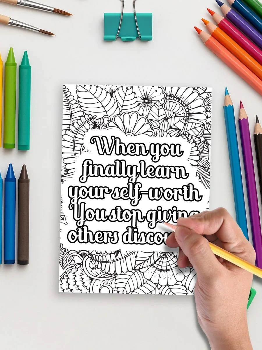 Brightly colored markers surround a black and white motivational quote coloring page for preschoolers. Perfect for early childhood self-esteem activities.