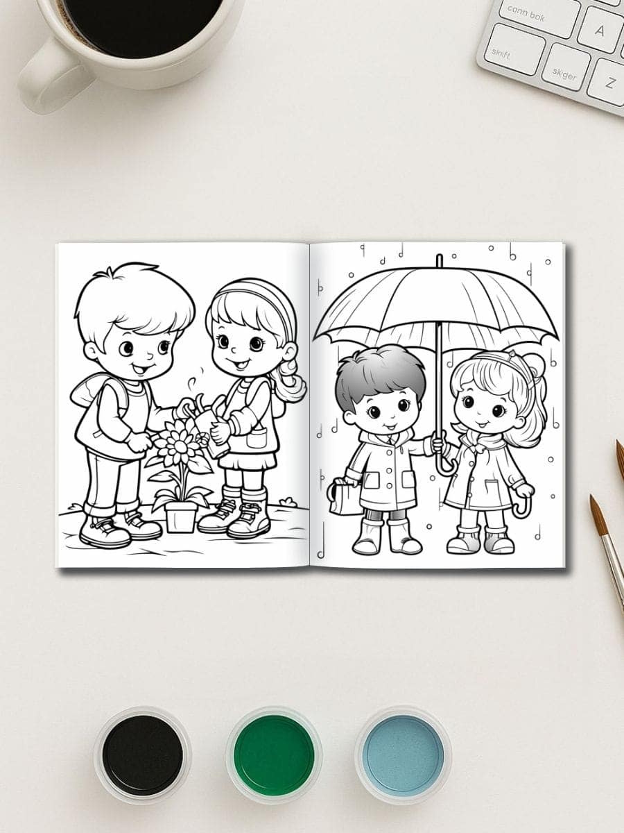 Coloring book page with children drawing in rain gear and holding umbrellas, promoting preschool artistic activities and outdoor play ideas.