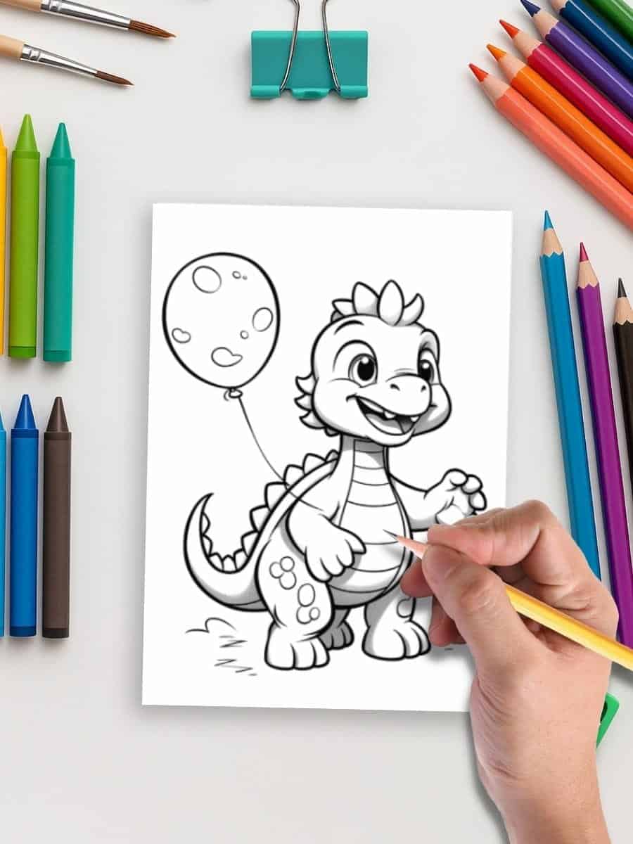 Coloring page featuring a cute cartoon dinosaur holding a balloon with "preschool planning" logo.