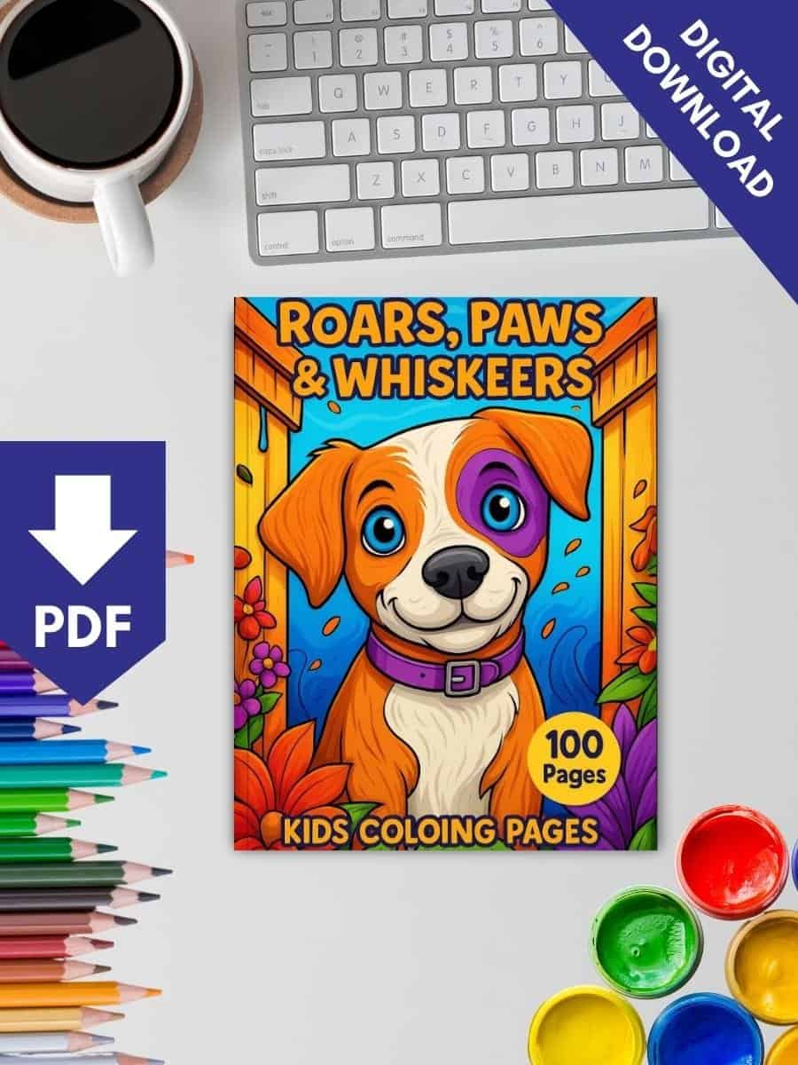 Colorful children's coloring book with dog and nature theme for preschoolers.