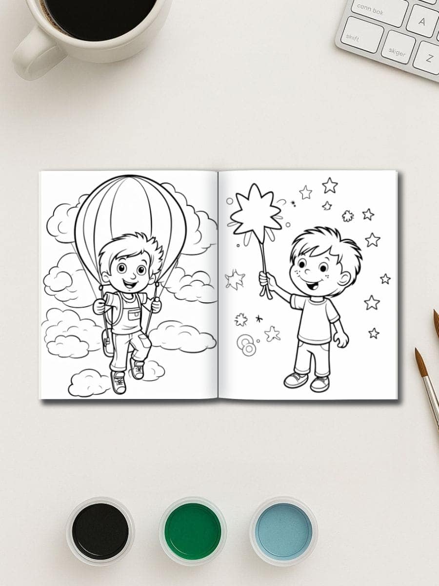Hot air balloon with smiling child and stars children’s coloring book page for preschoolers, perfect for early education activities.