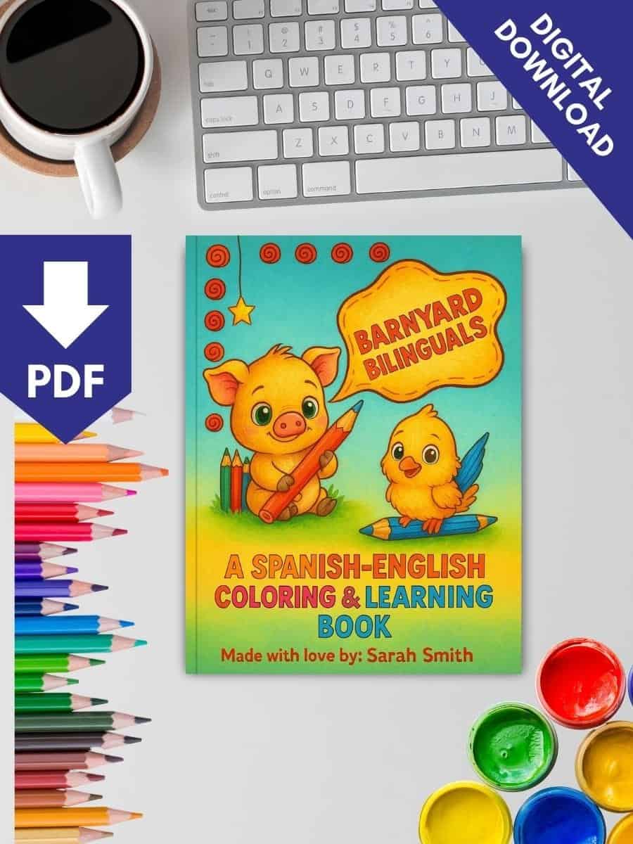 Colorful bilingual preschool coloring and learning book with pig and chick characters.