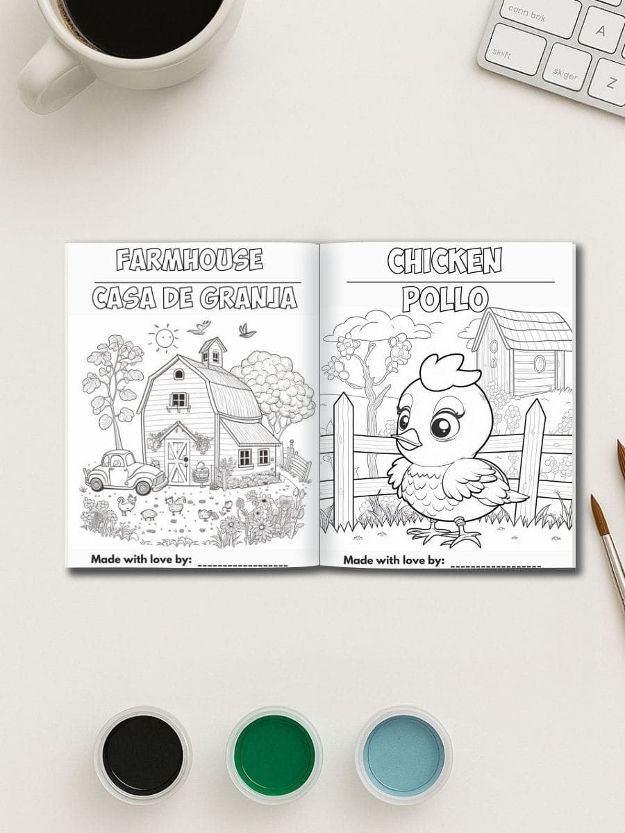 Farmhouse coloring book page, preschool farm theme children’s activity, early childhood education.