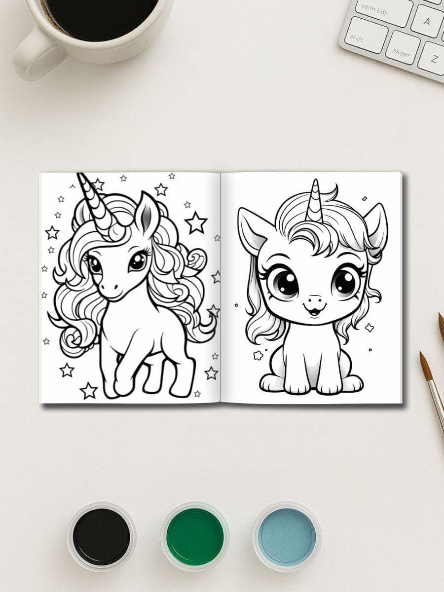 Unicorn coloring book for preschoolers, featuring cute unicorn illustrations for kids' art activities.