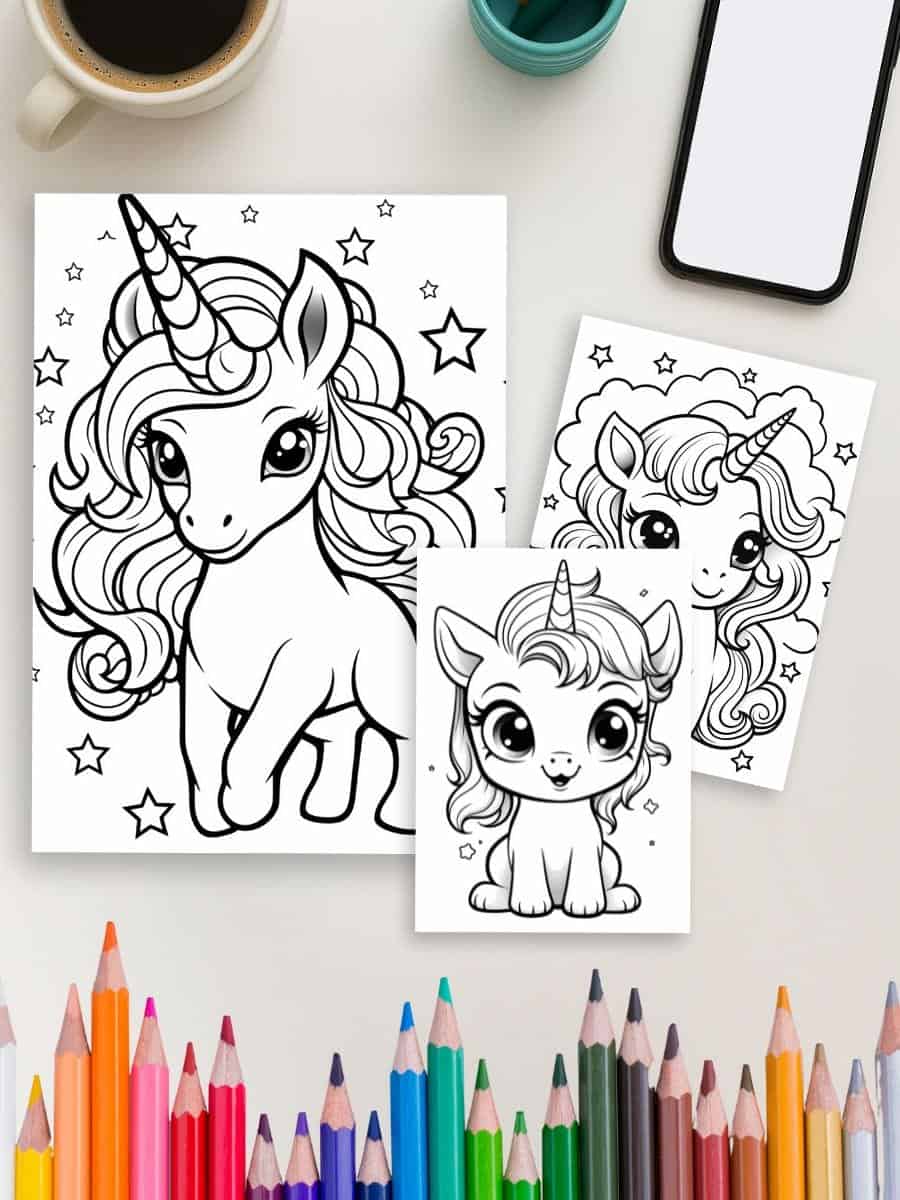Coloring pages of unicorns and fantasy animals for preschoolers.
