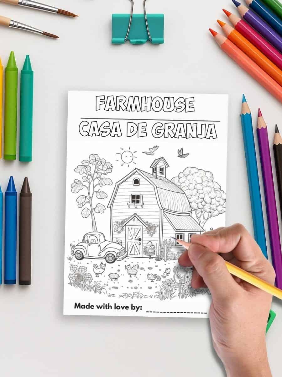 Farmhouse coloring page for preschoolers, beginner kids activity, educational farmyard illustration.