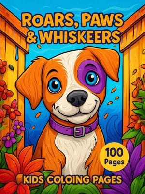Adorable cartoon dog with colorful flowers, jungle background, and playful design for preschool kids.