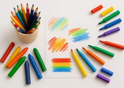 Colorful crayons and drawings, perfect for preschool art activities and early childhood education.