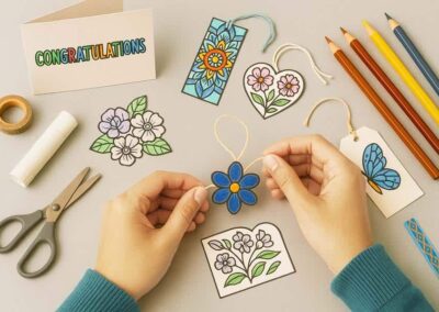 Colorful handmade paper floral tags for preschool classroom decorations and crafts.