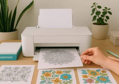 Coloring pages being printed for preschool art activities and early childhood education.