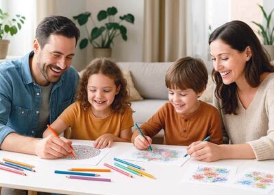 Vibrant preschool classroom scene with children and teachers engaging in creative art activities.