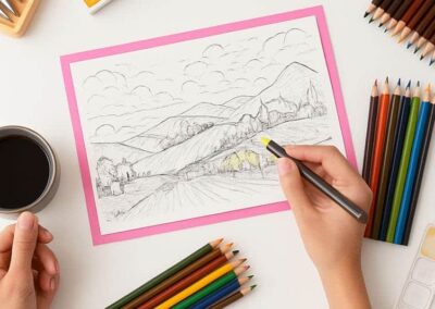 Vibrant preschool planner arts and crafts activity with drawing and coloring supplies.