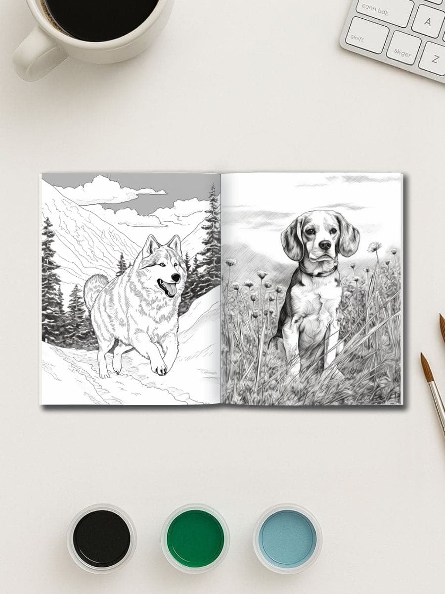 Coloring pages of a Siberian Husky and a Beagle in a children's activity book. Perfect for preschoolers and early learners.