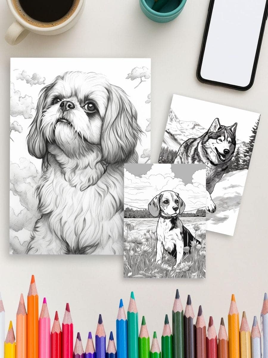 Coloring pages with dog and wolf illustrations for preschool arts and crafts activities.