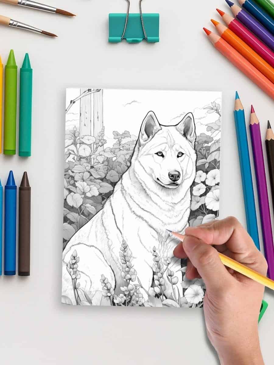 Coloring page of a husky dog surrounded by flowers, perfect for preschool art activities.