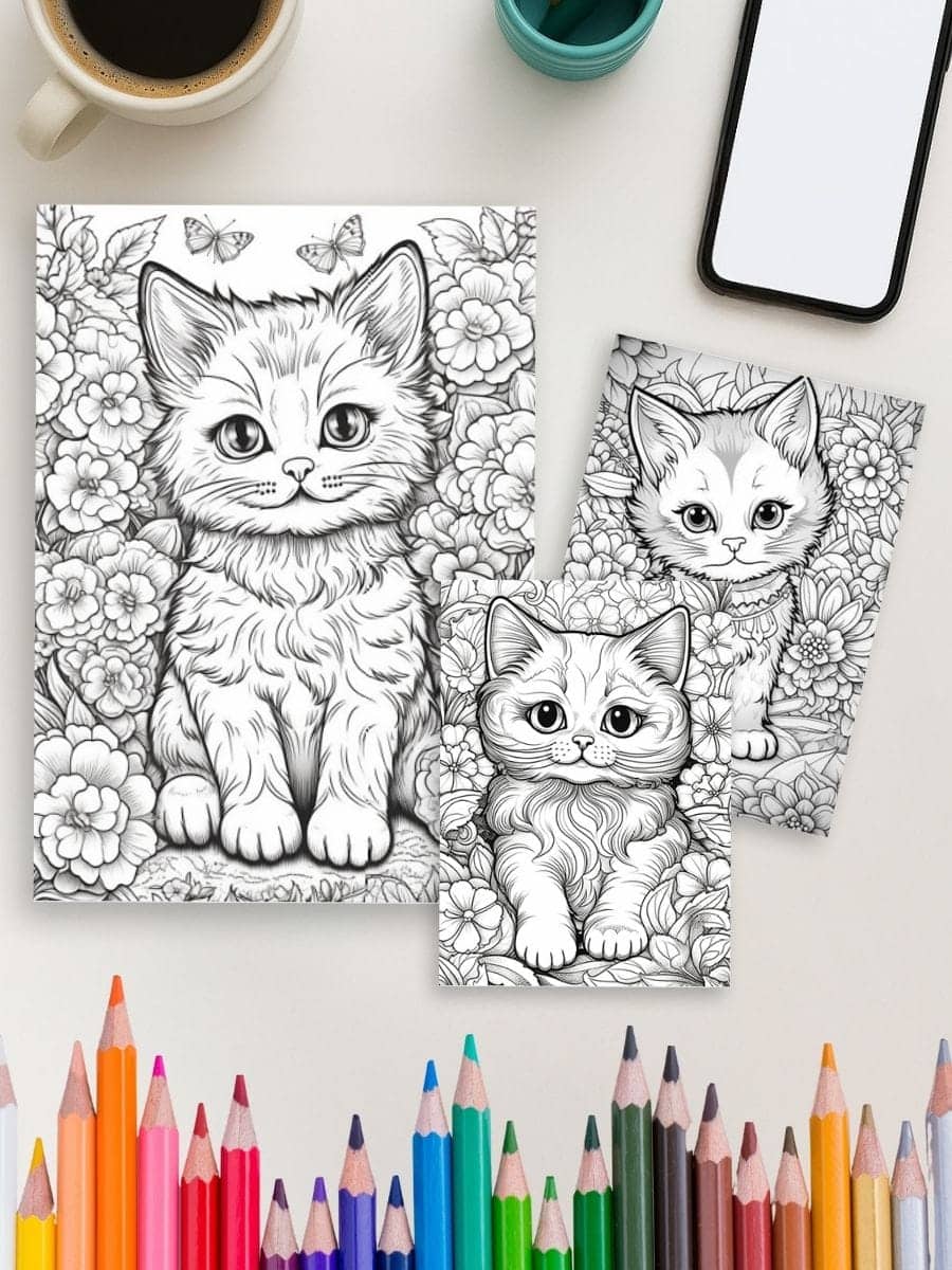 Coloring pages of cute kittens for preschool children.