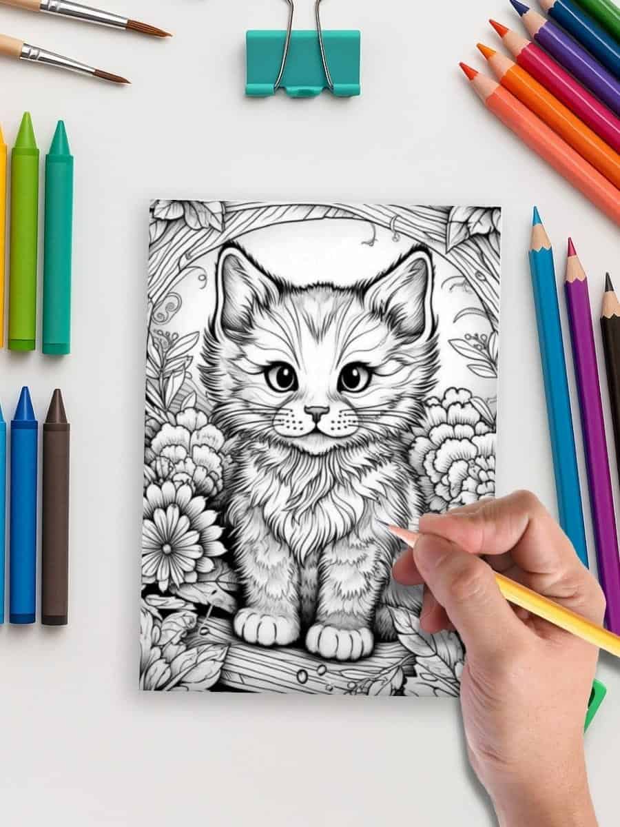 Coloring page featuring a cute kitten surrounded by flowers, perfect for preschool art activities and early childhood development.