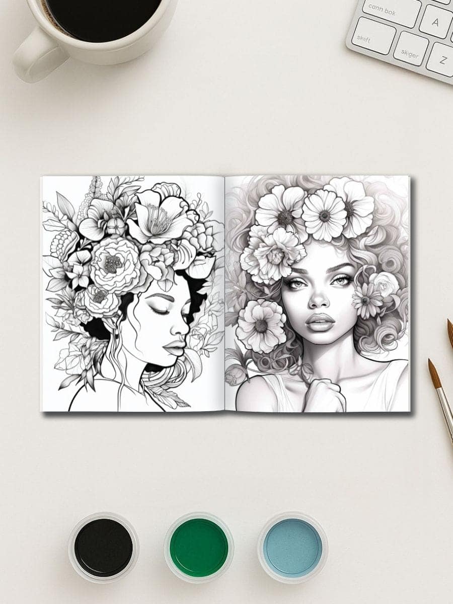 Detailed floral art sketches of women with flowers in their hair, suitable for preschool art projects and creative learning activities.