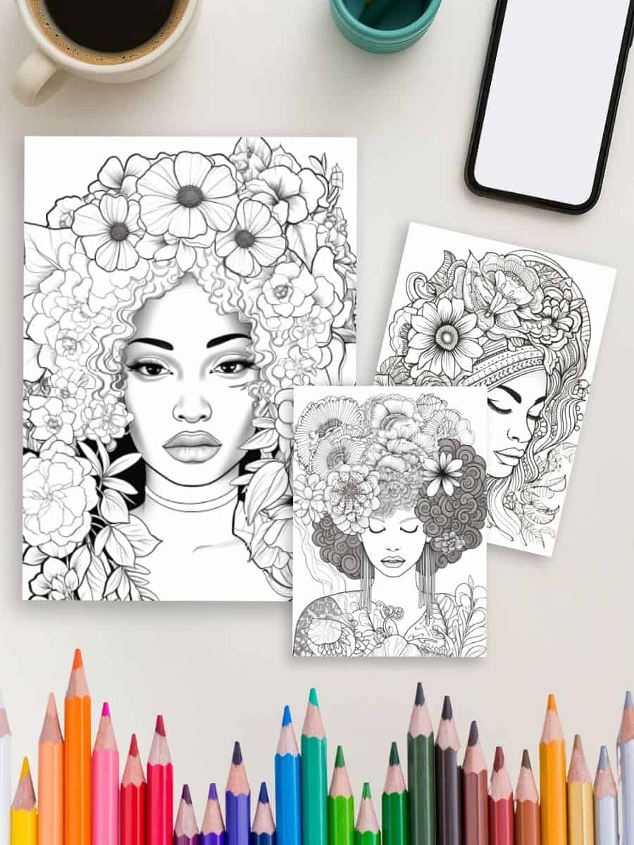 Coloring pages of women with floral crowns, perfect for preschool arts and crafts activities.
