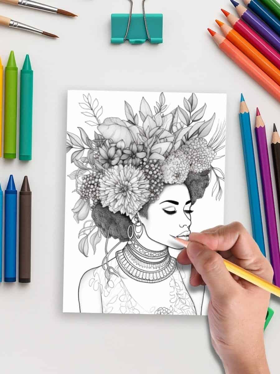 Coloring page of a woman with a floral headdress for preschool art activities.