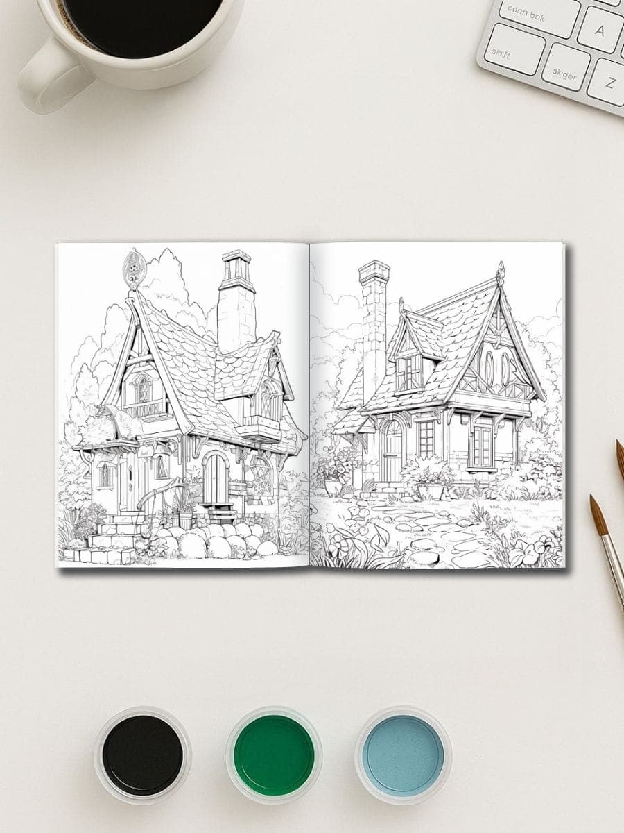 Coloring pages of whimsical cottages for preschool creativity and learning.