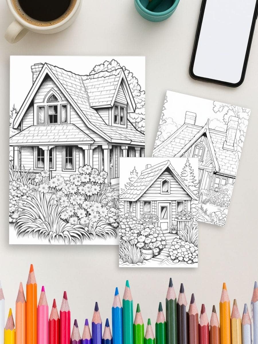 Coloring house illustrations for preschool activities and early childhood education.