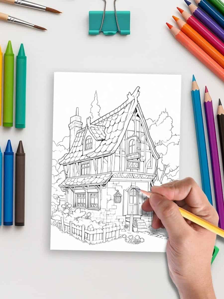 Colorful markers and coloring tools surrounding a line art of a whimsical house for preschool activity planning.
