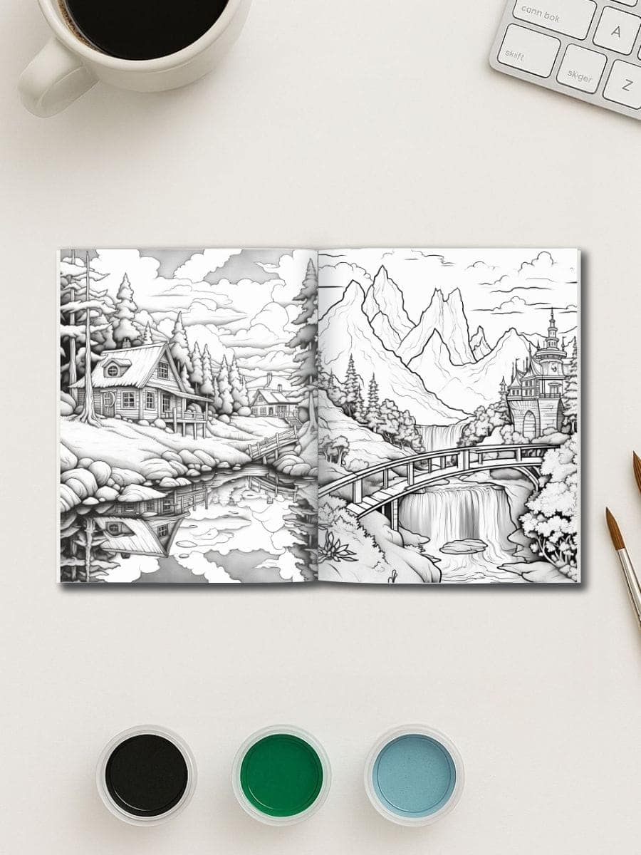 Intricate black and white landscape coloring page featuring mountains, waterfalls, and a castle.
