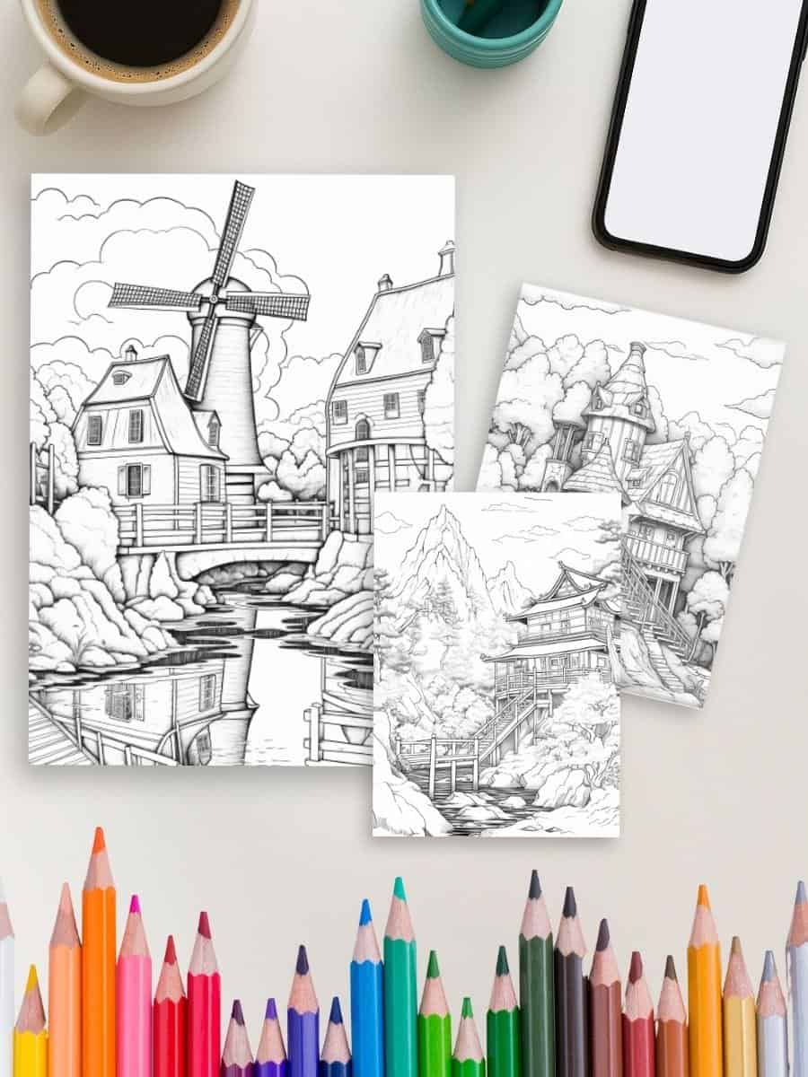 Coloring windmill and cottage scenes for preschool art activities and early childhood education.
