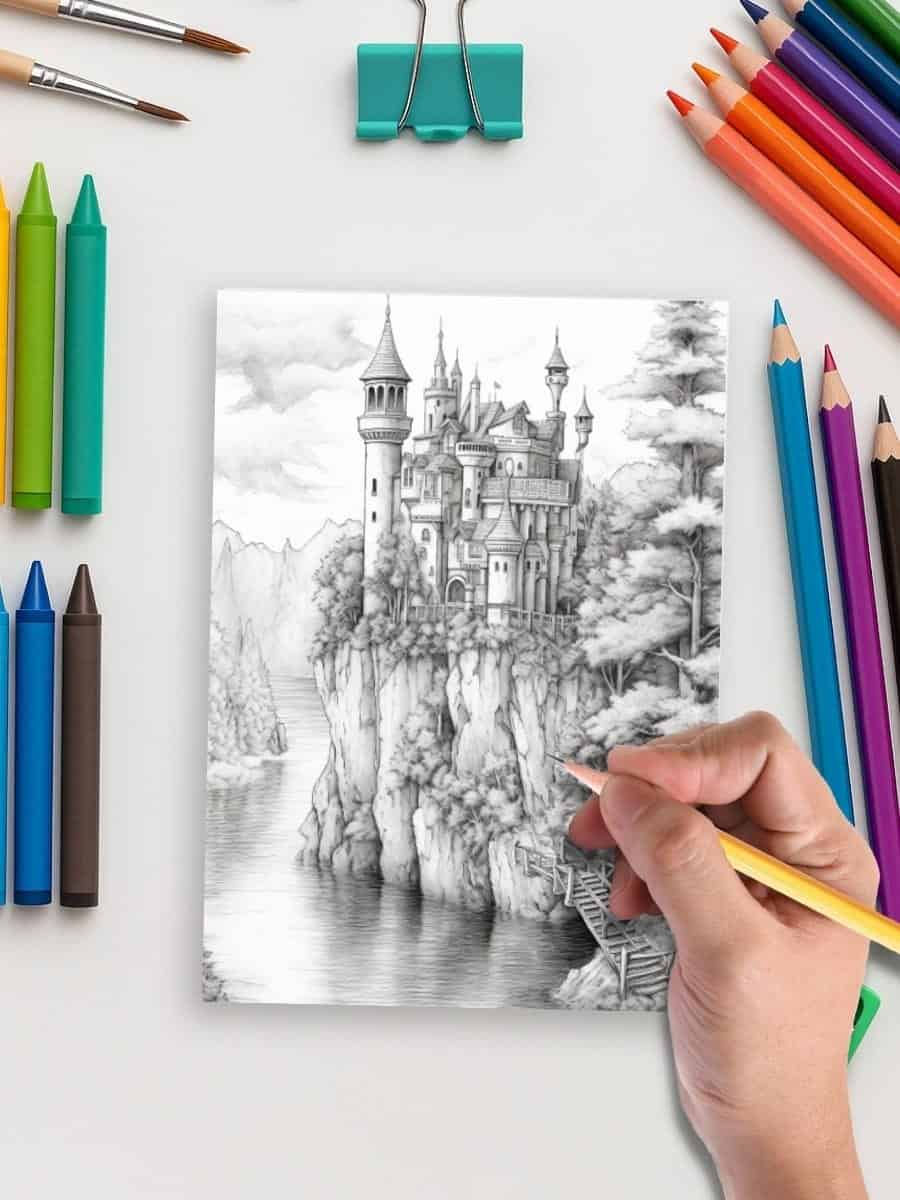 Vibrant colored markers and pencils surrounding a black and white castle drawing, perfect for preschool art projects and creative learning.