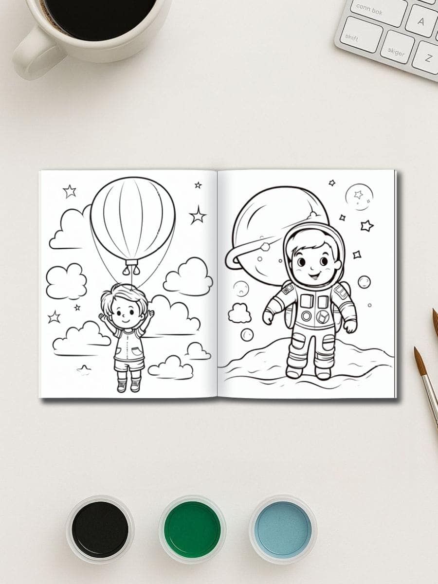 Coloring pages for preschoolers featuring space and sky themes, supporting early childhood development and creativity.