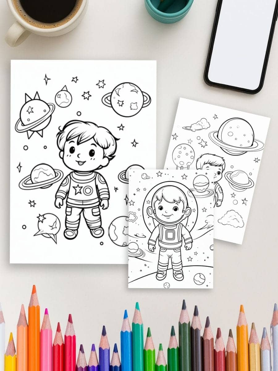 Coloring pages with space and astronaut themes for preschool children.