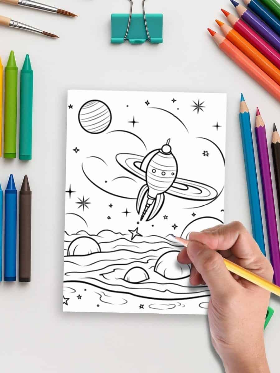 Coloring page featuring space-themed spaceship drawing for preschoolers - perfect for early childhood education.