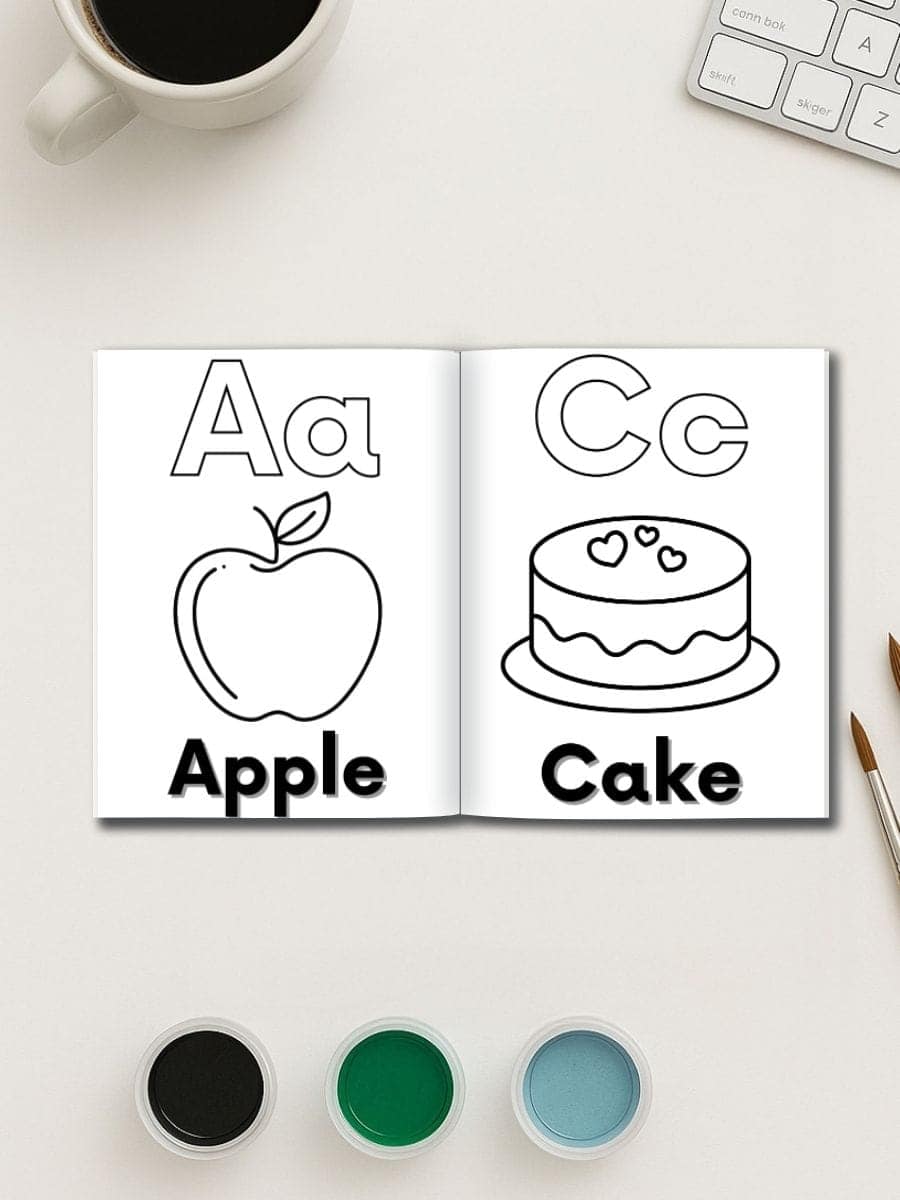 Colorful preschool alphabet activity with black and white illustrations of apple and cake.