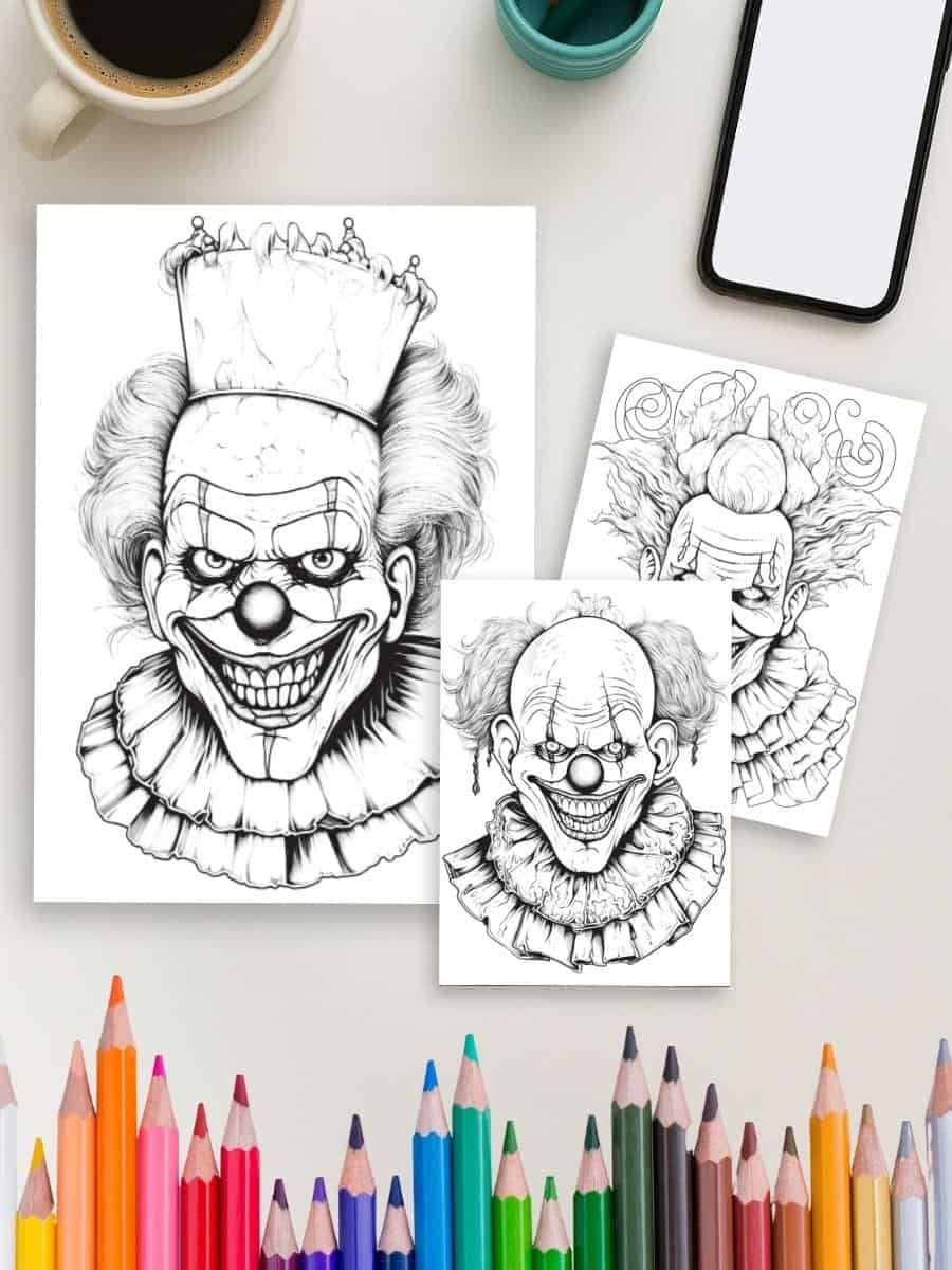 Coloring pages of creepy clown characters for preschool art activities and fun crafts.