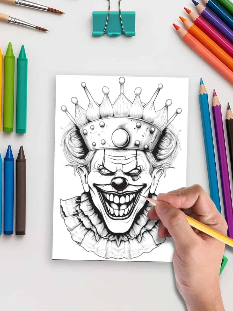 Vibrant colored markers and a detailed clown coloring page on a white background for preschool art activities.