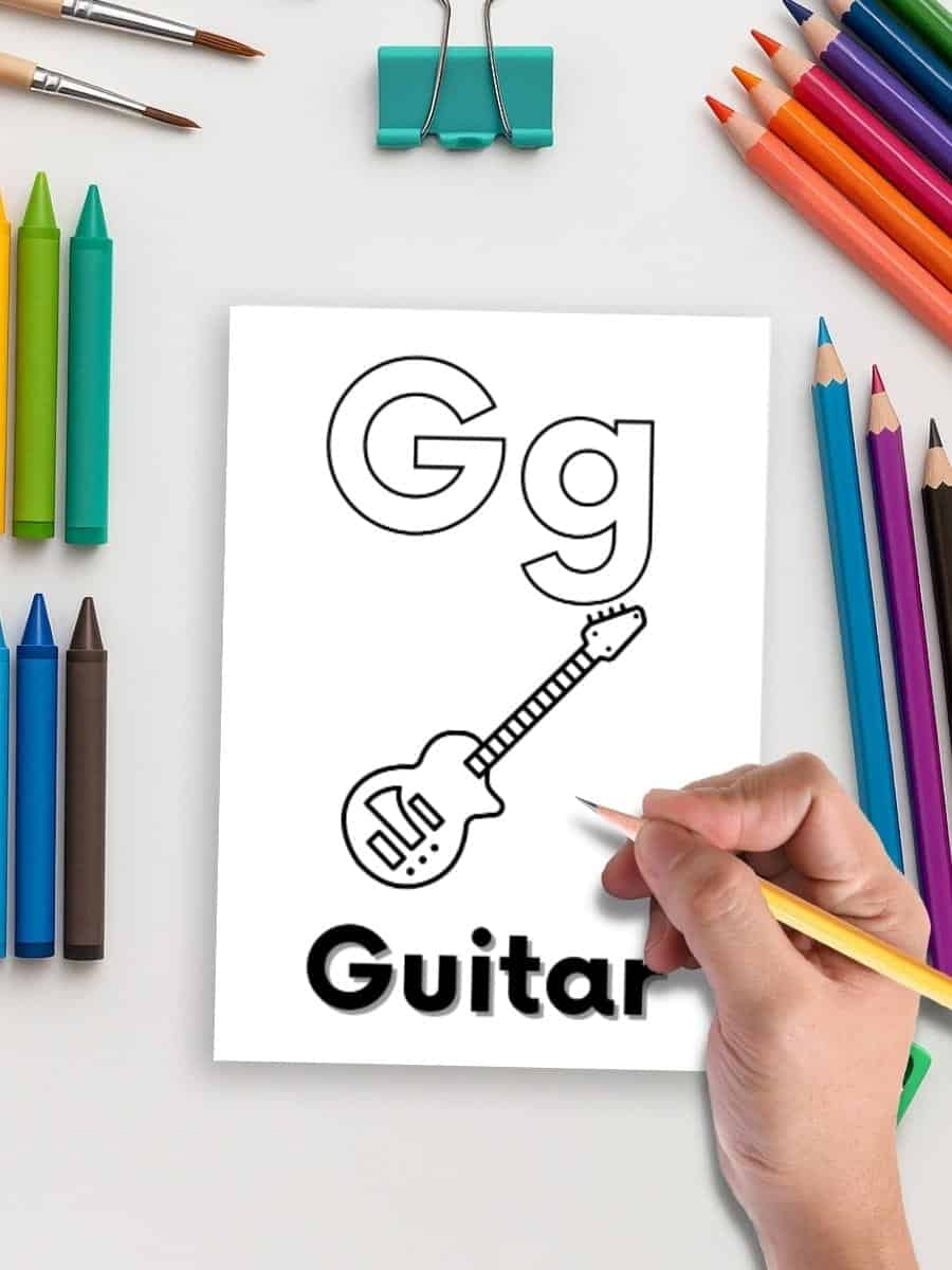 G for Guitar alphabet coloring page for preschool learning and teaching tools.