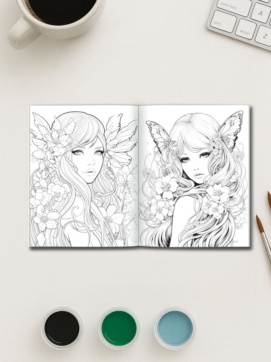 Coloring pages of girls with floral and fairy themes for preschoolers.