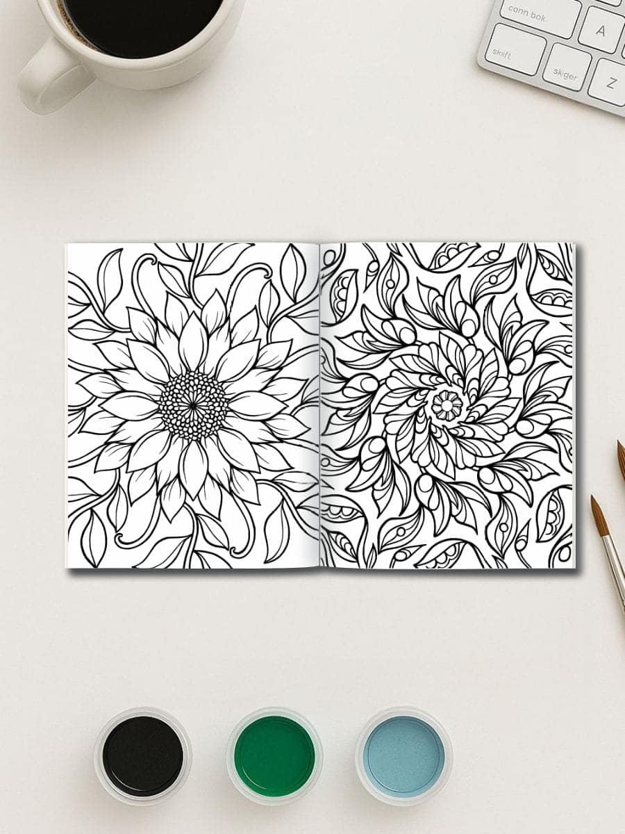Colorful children's coloring book with floral patterns, perfect for preschool art activities.