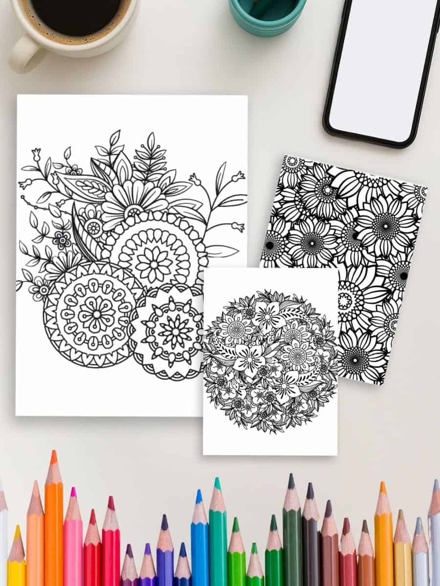 Intricate black and white floral coloring pages for preschool kids' creative activity.