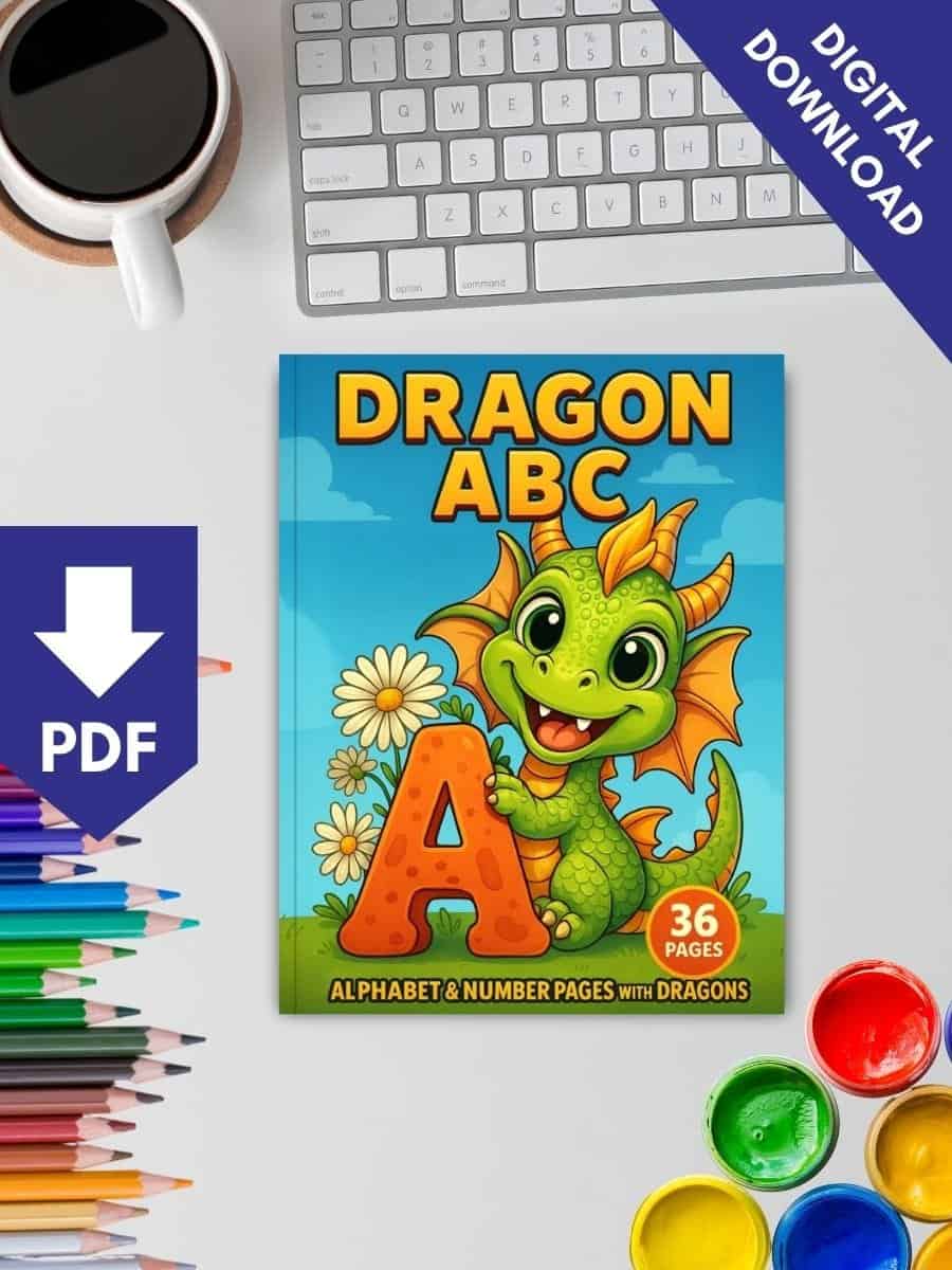 Colorful preschool dragon alphabet book with number pages, perfect for early childhood learning.