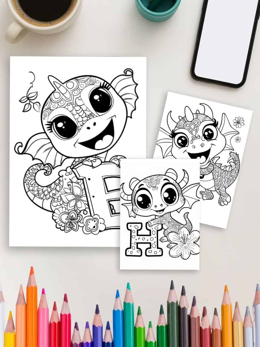 Vibrant children's coloring sheets featuring adorable dragon and unicorn designs for preschool kids.