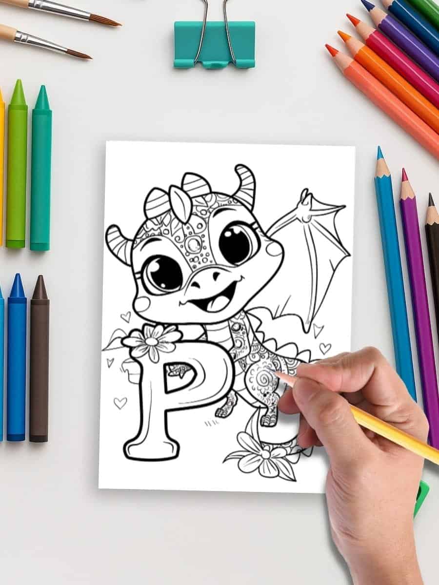 Coloring page of a cute cartoon dinosaur with large eyes, holding a flower and sitting next to a letter P, surrounded by colored markers.