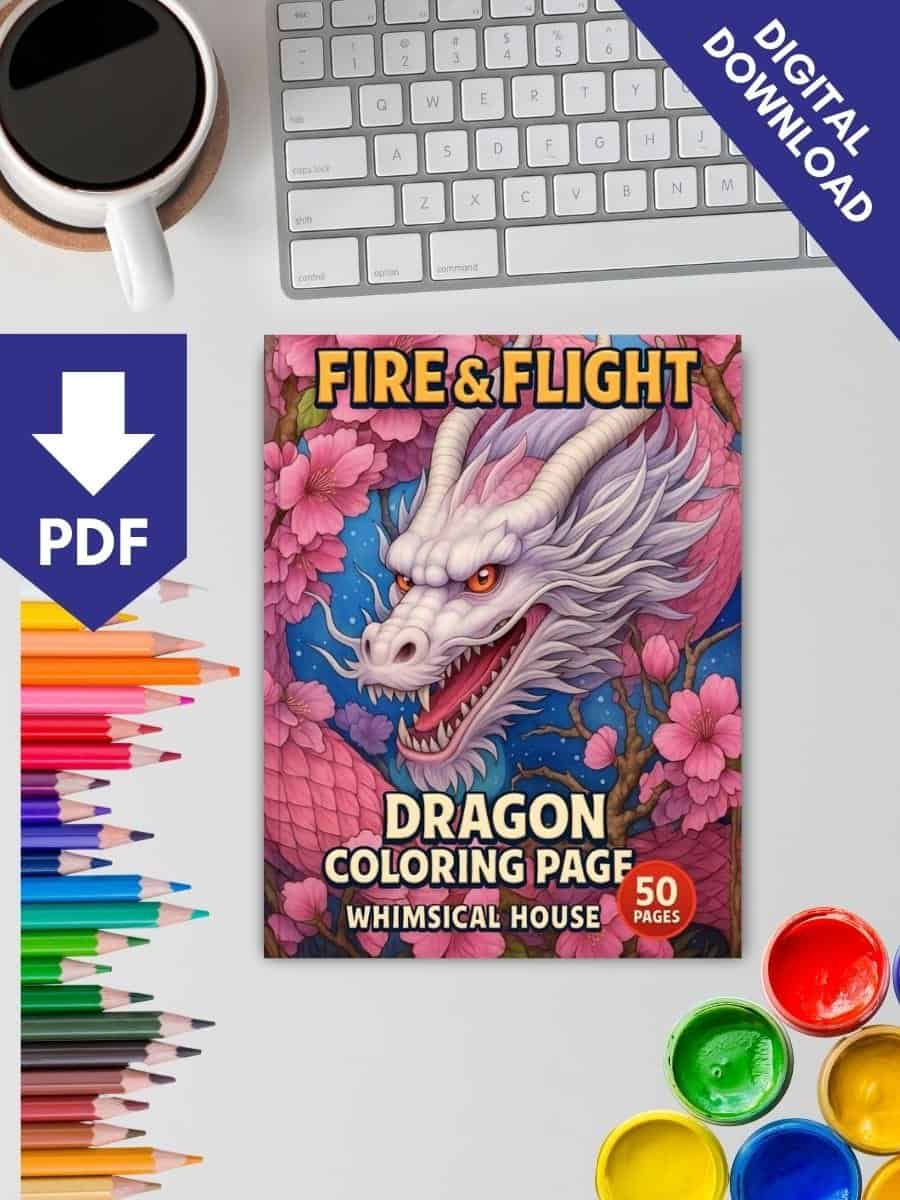 Dragon coloring book for kids, preschool fire & flight themed activity pages, printable PDF for children.