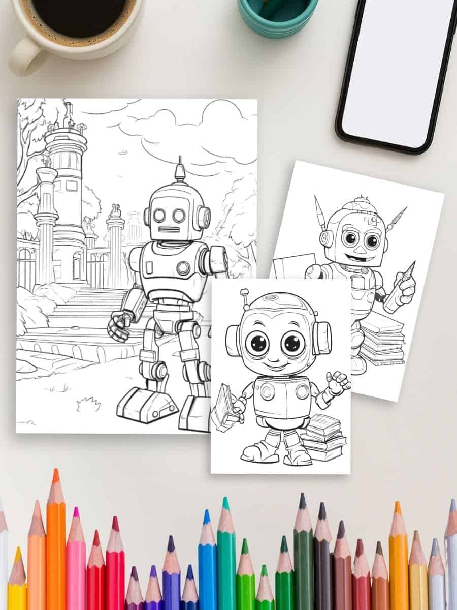 Coloring robot activity sheets for preschoolers, perfect for developing fine motor skills and creativity.